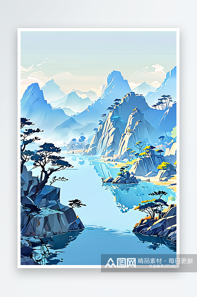 手绘中风小清新水彩风格山水风景插画素材