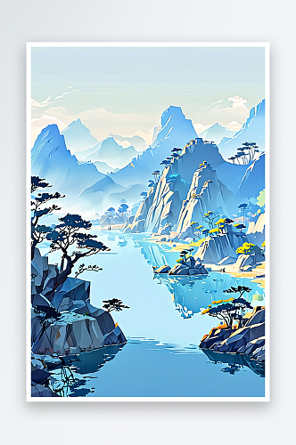 手绘中风小清新水彩风格山水风景插画