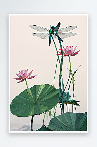 荷花蜻蜓插画图片