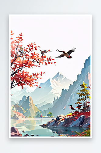 春夏天水彩风景画野鸭子麻雀红叶山色