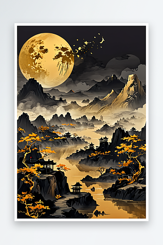 传统中画背景金色黑色山水水墨月亮
