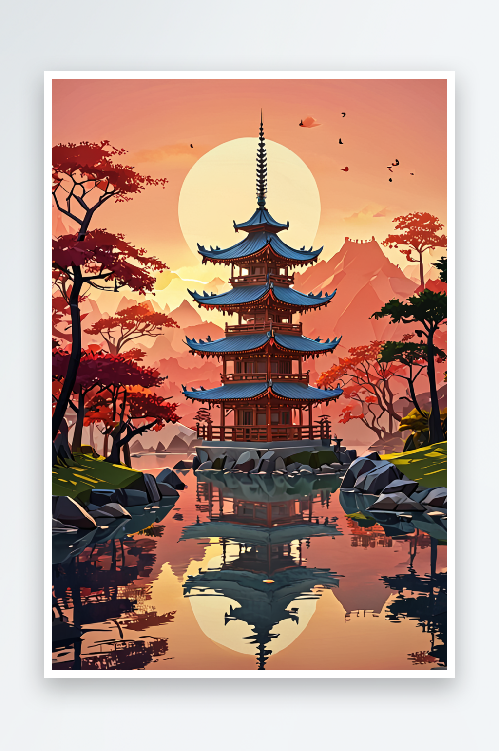 宝塔山水画元素图片素材