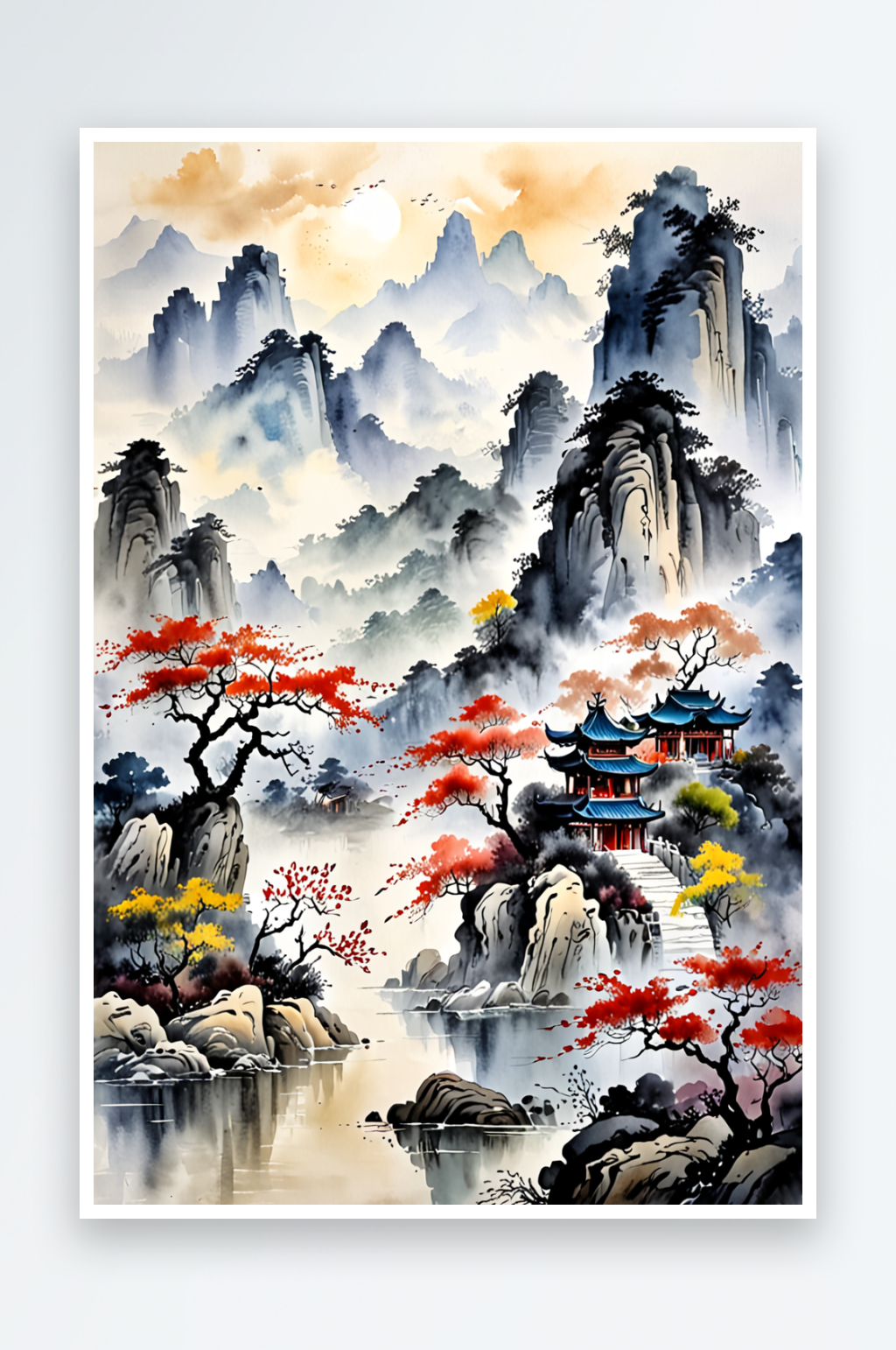 中风水墨古代山水画素材