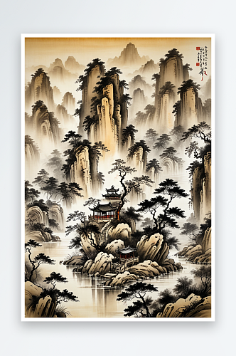 中式风水墨古代山水画