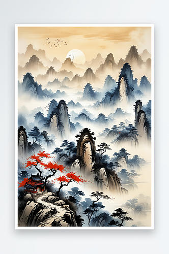 中式风山水画元素图片