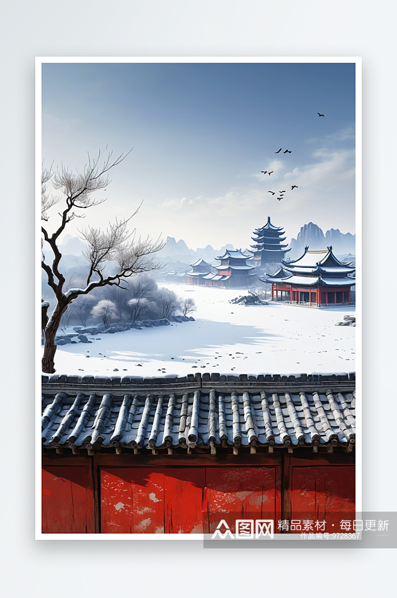 中式风冬天户外古建筑手绘插画素材