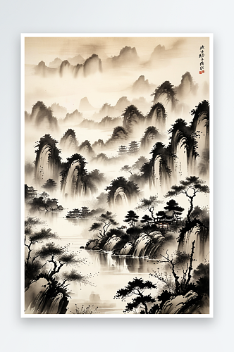 中式传统水墨山水画