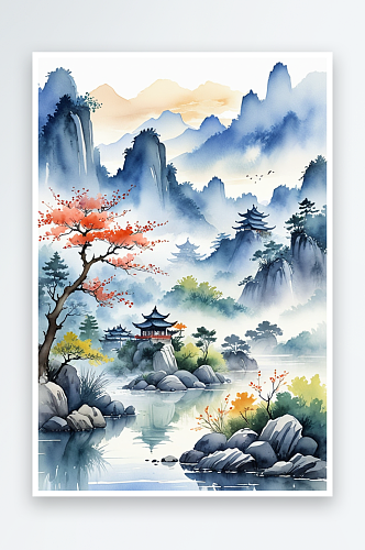 手绘中式风小清新水彩风格山水风景插画