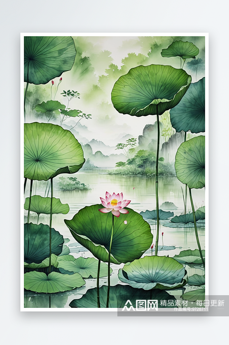 清新山水画水墨画青绿山水荷塘荷花莲花莲蓬素材