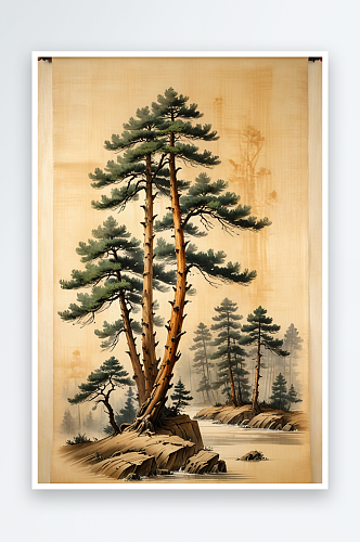 卷轴画上的松树图片