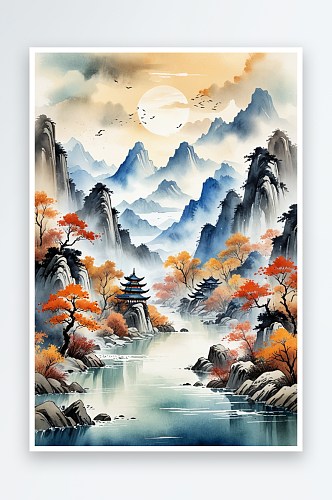 复古画画轴水彩风格山河秋色插画背景图