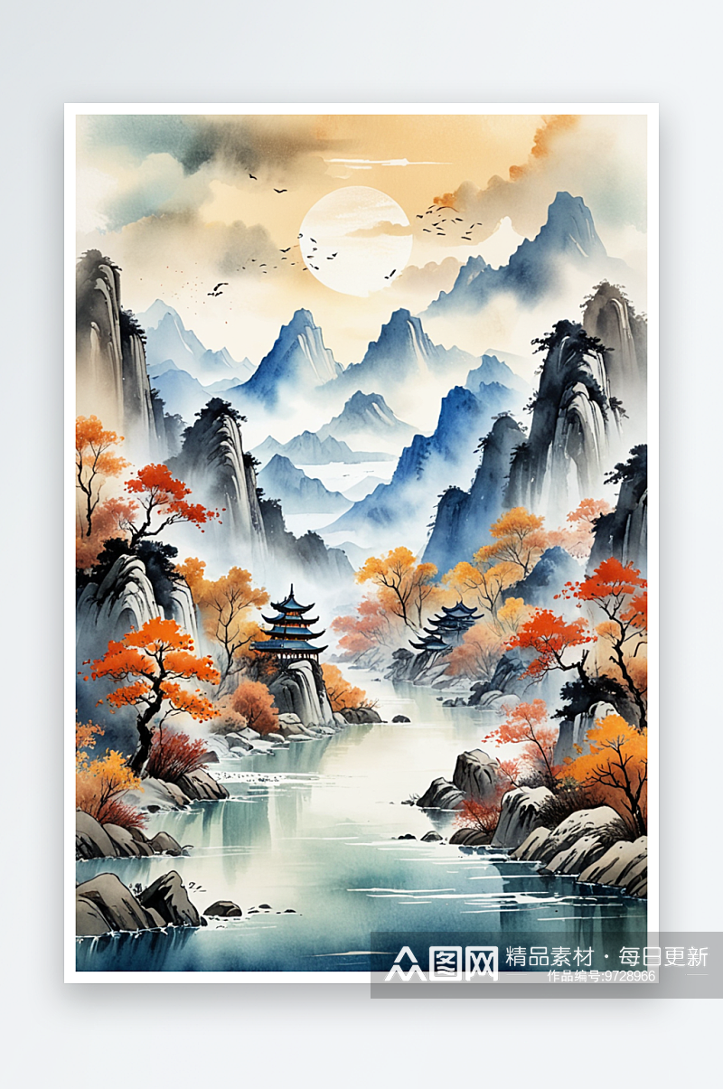 复古画画轴水彩风格山河秋色插画背景图素材