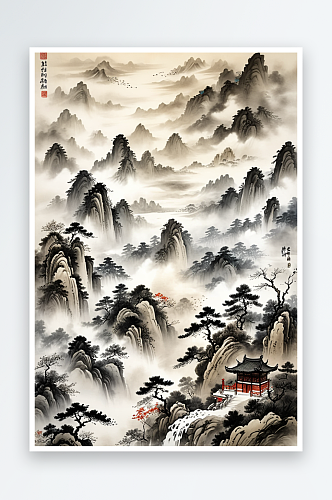 中古画高山云雾水墨画