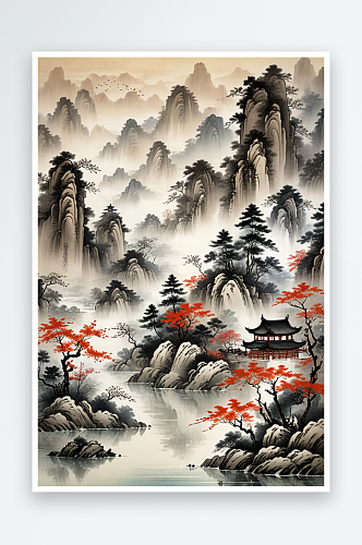 绝新中式风绘画画风格的山水场景