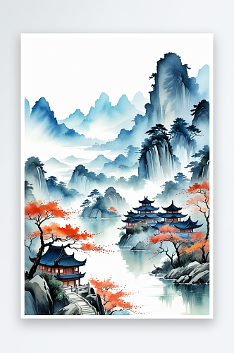 复古画画轴水彩风格山水插画背景图