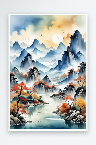 复古画画轴水彩风格山河秋色插画背景图