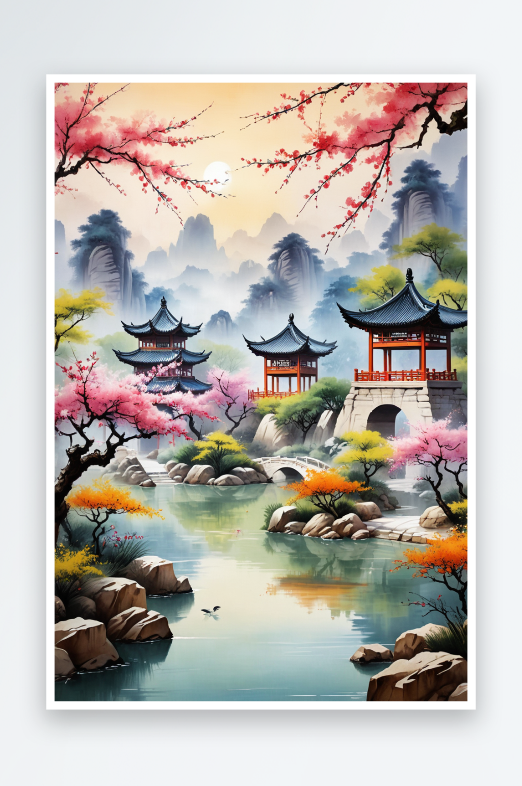春天中傳統(tǒng)山水畫(huà)亭臺(tái)樓閣新中式潮風(fēng)格壁紙素材