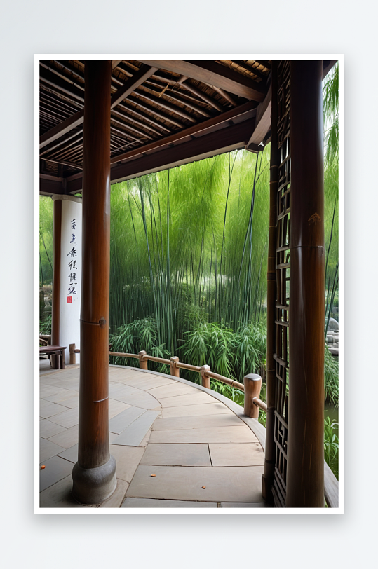 中式长廊与竹叶江南园林景观设计