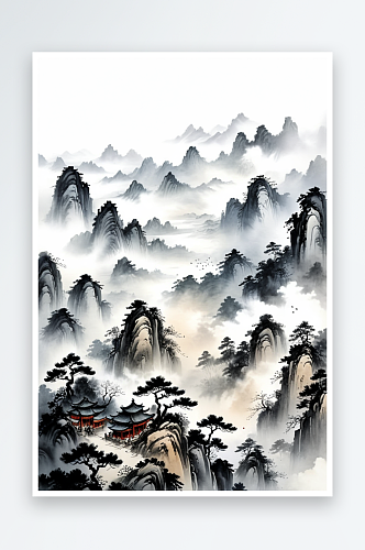 中古画高山云雾水墨画