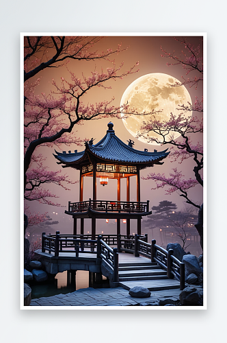 中潮新中式现代复古风夜色树月亮楼阁竖版