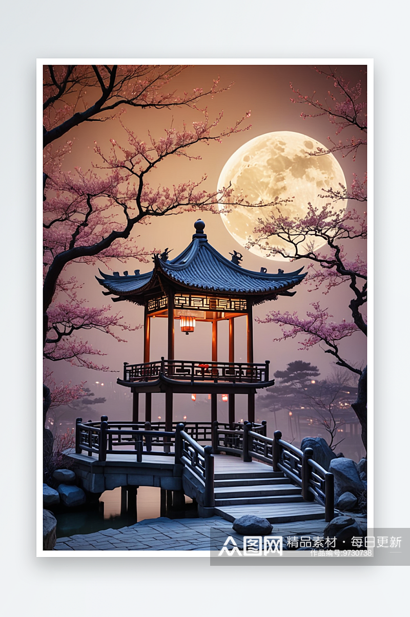 中潮新中式现代复古风夜色树月亮楼阁竖版素材