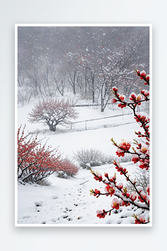 雪落红梅图大雪中独自绽放的红色梅花