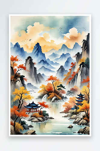 复古画画轴水彩风格山河秋色插画背景图