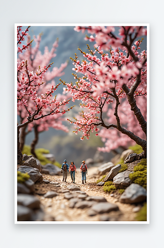 春天一对情侣背包客在桃花树公园徒步旅行踏
