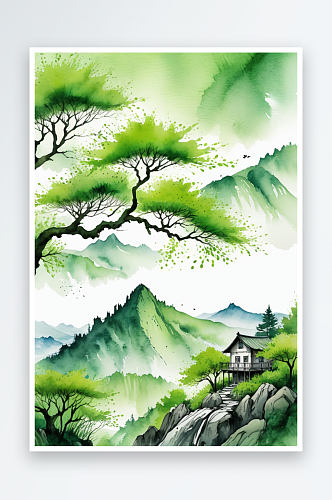 春天绿树山居水墨插画