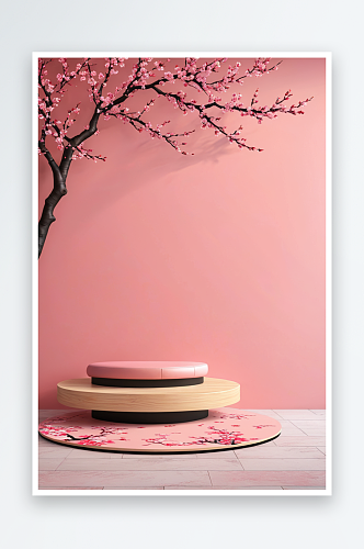 梅花桃花粉色背景墙与圆形平台
