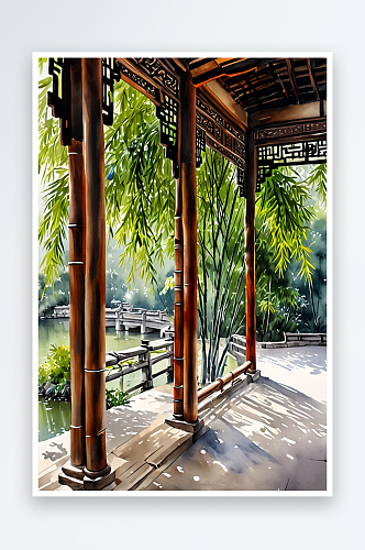 中式长廊与竹叶江南园林景观
