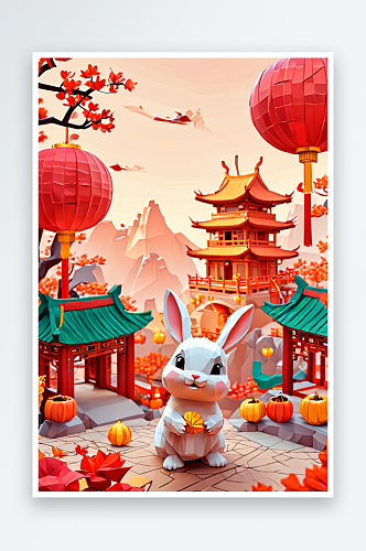 中式建筑可爱的兔子庆祝传统中秋