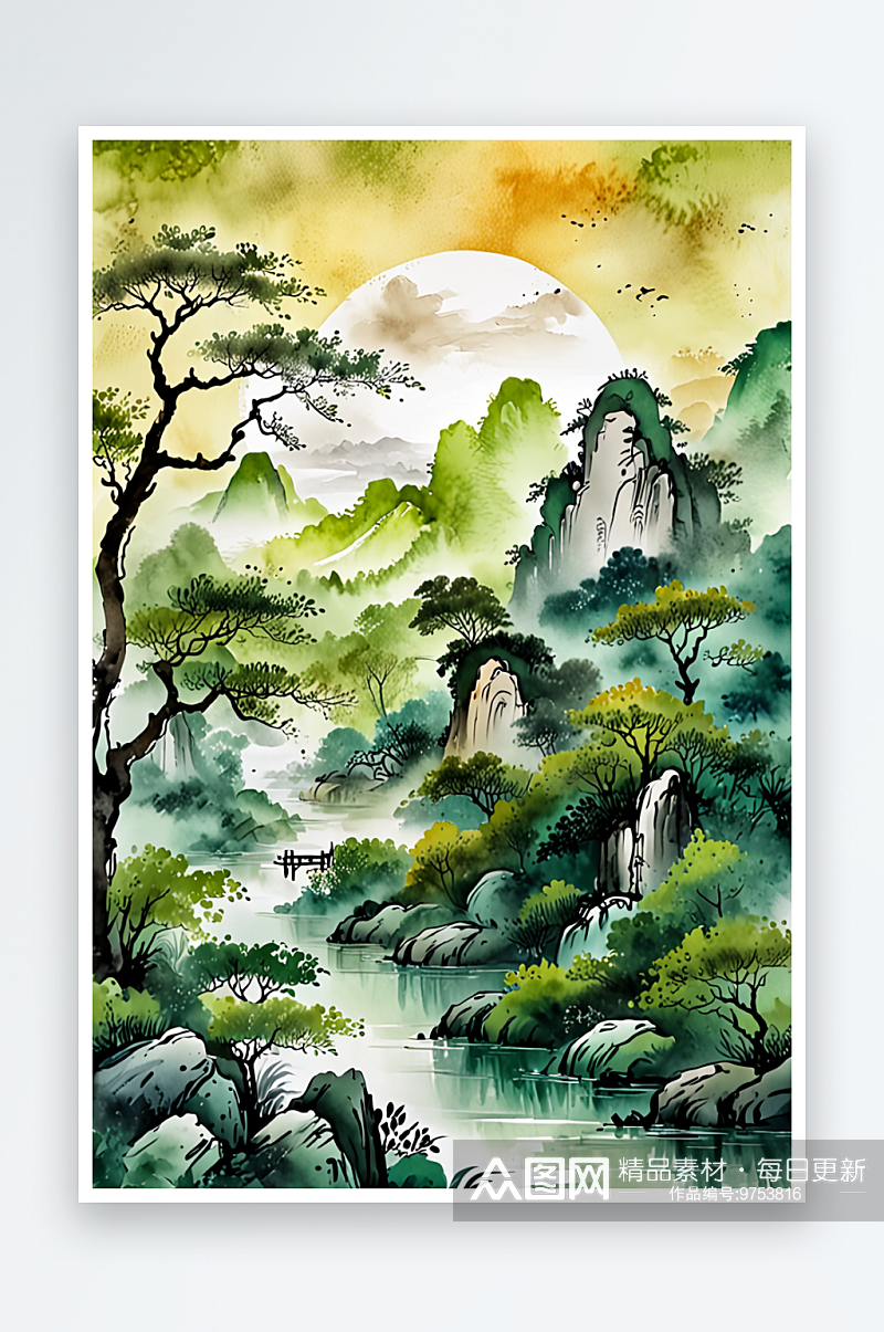 中风新中式古风中画青绿山水画素材