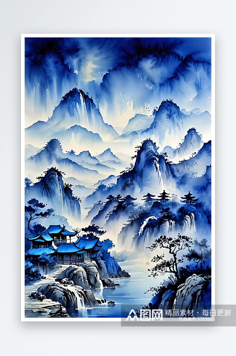 中风蓝色水墨山水画层叠风景插画素材