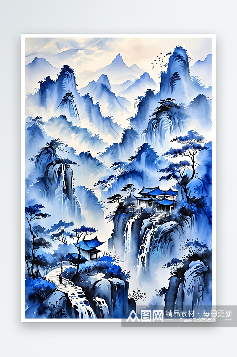 中风蓝色水墨山水画层叠风景插素材