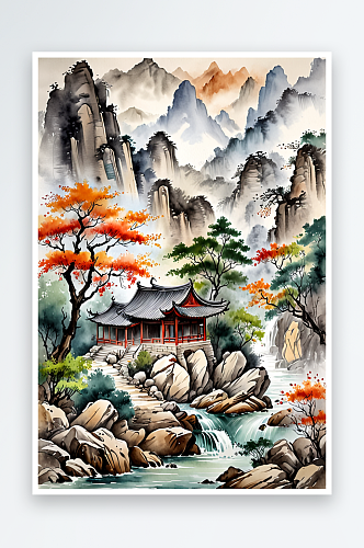 中传统山水画水墨写意画山石溪水树木古