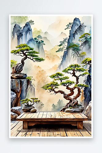 中式盆景假山背景墙木质平台展台