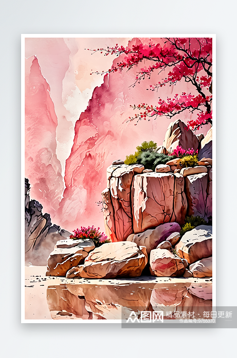 中式假山石粉色展台背景墙素材
