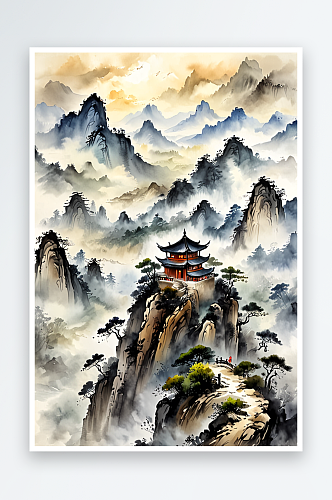 中古画高山云雾水墨画