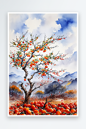 中风秋天柿子树手绘