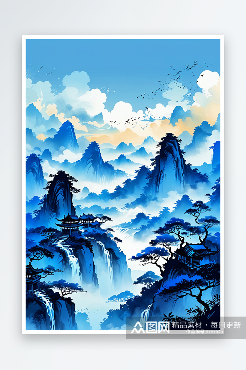 中风蓝色水墨山水画层叠风景插画素材