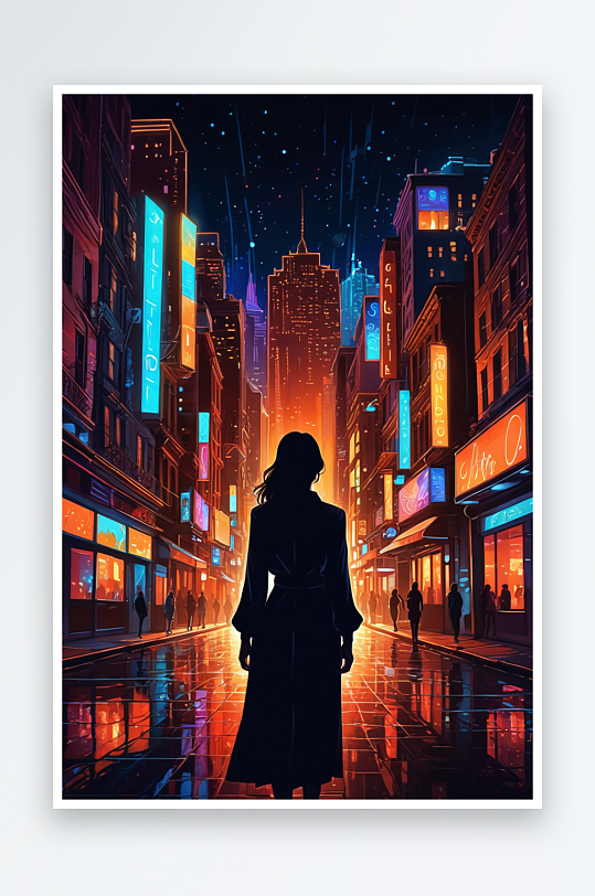 夜晚站在灯火通明的城市里的女人的后视图