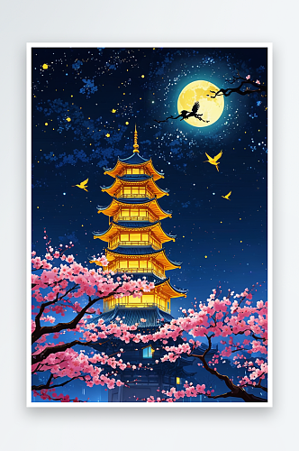夜晚星空下武汉市的黄鹤楼周围樱花正盛开插