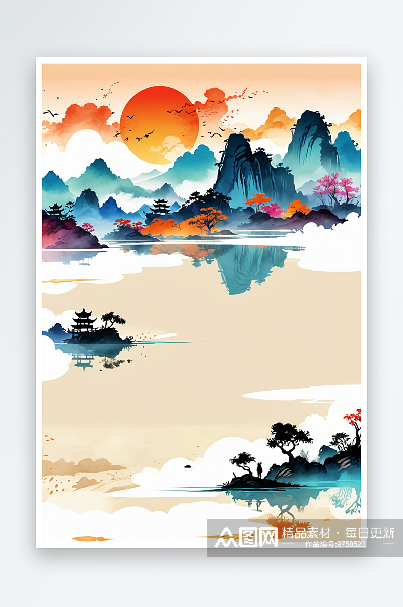 新中式水墨山水风格风景插画素材
