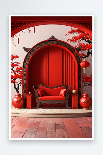 新中式家居红色喜庆展台背景