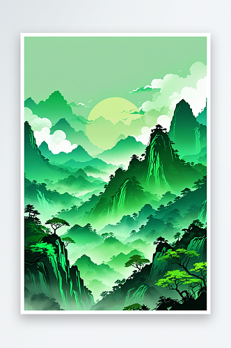 新中式风绿色青山背景