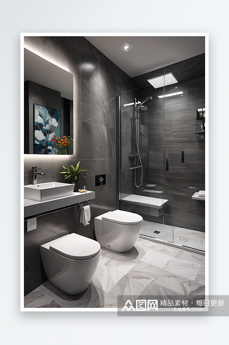 现代房屋室内浴室卫生间灰色明亮装修风格素材