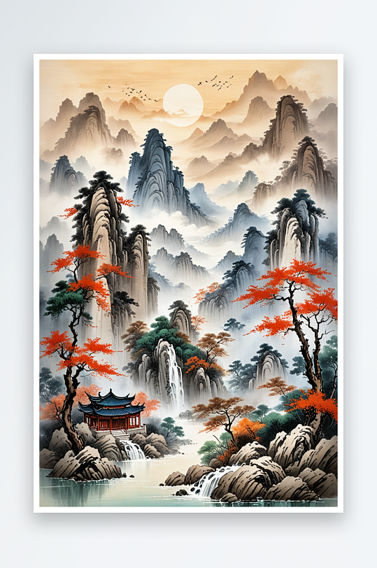 新中式风格绝山水层次感丰富的山脉风山水画