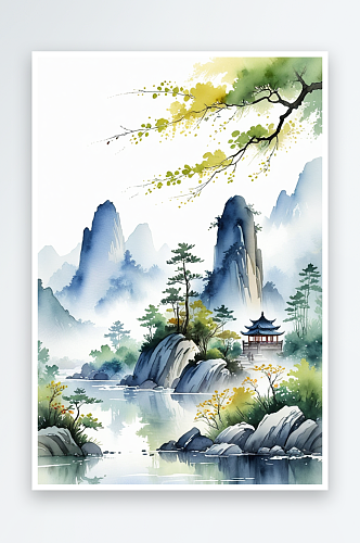 手绘中风小清新水彩风格山水风景插画