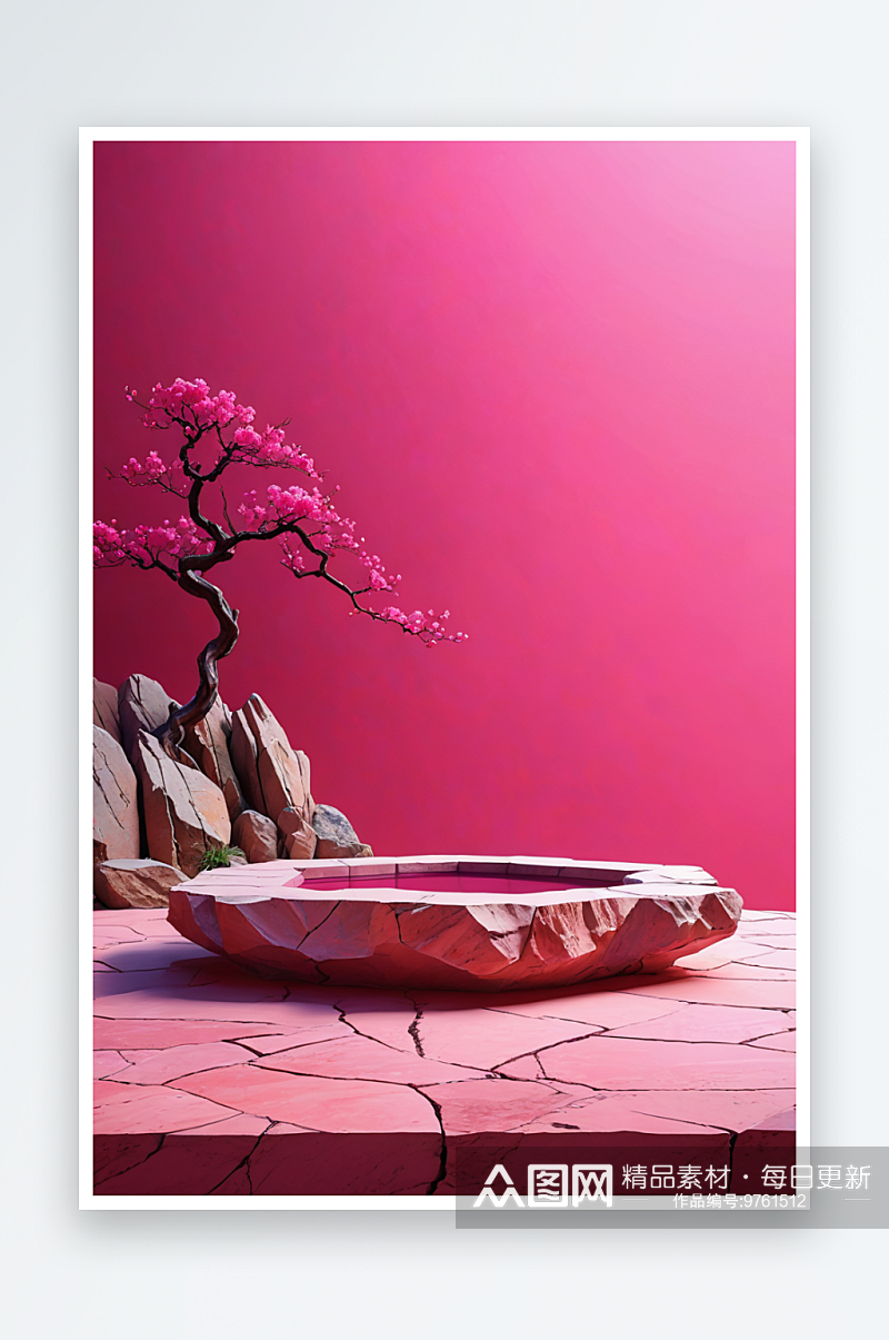 中式式假山石粉色展台背景墙素材